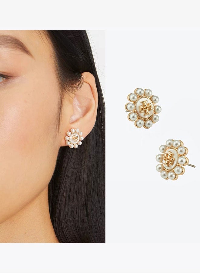 بورش أقراط نسائية من الدانتيل لؤلؤة مزدوجة شعار كلاسيكي رائع وصغير وأنيق - Image 2