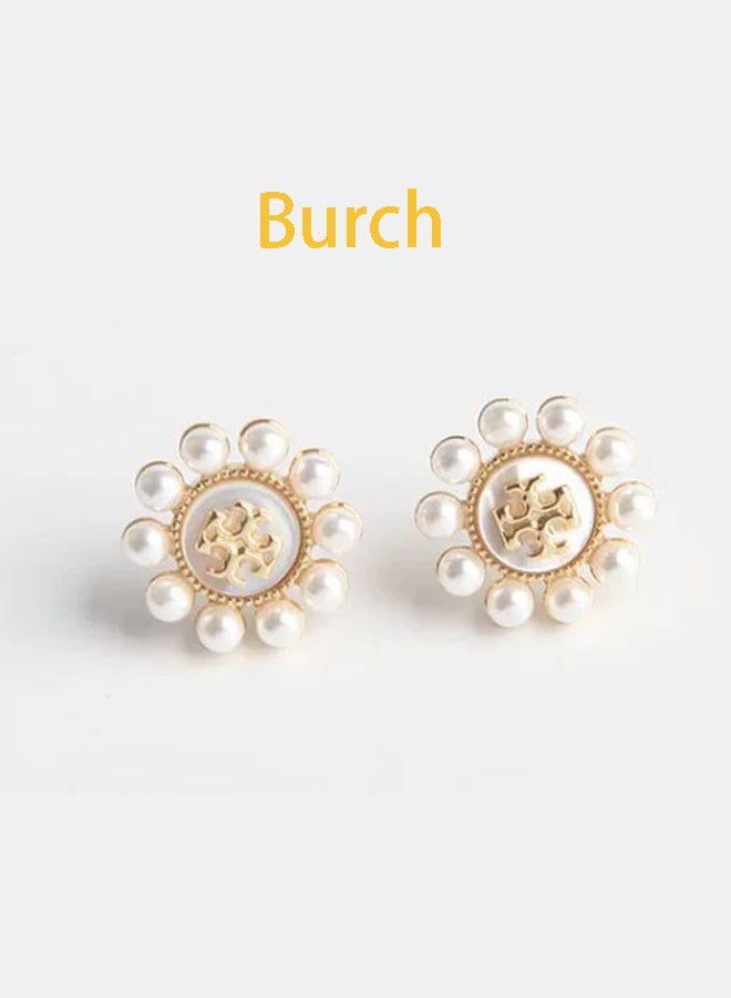 بورش أقراط نسائية من الدانتيل لؤلؤة مزدوجة شعار كلاسيكي رائع وصغير وأنيق - Image 1