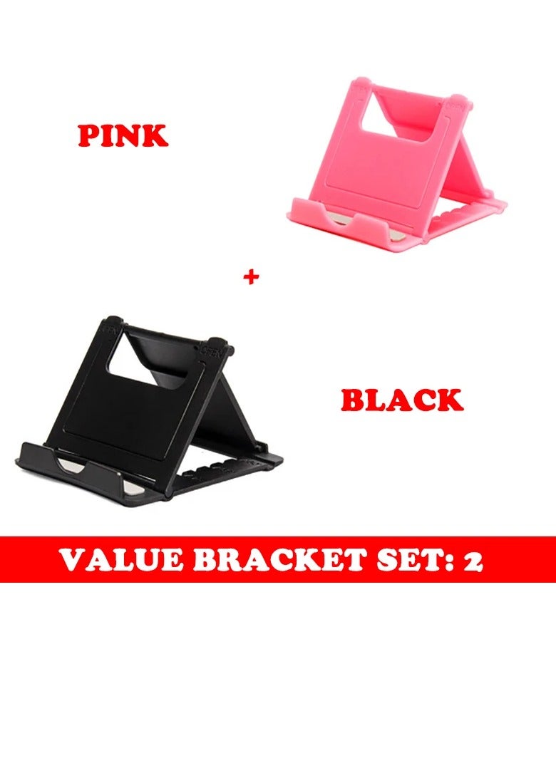 AROAQ Cell Phone Stand, Portable And Foldable Desk Phone Holder, Adjustable Angle Smartphone Support Tablet Stand, Compact And Durable Universal Desk Stand For All Mobile Smart Phone, (Black And Pink) - Image 1