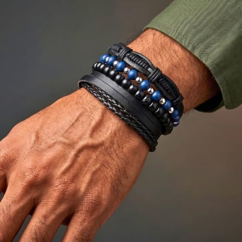 THE MEN THING TWILIGHT FORGE - 4 Pcs Genuine Braided Leather Bracelet Set for Men & Boys (8 inch) - Image 2