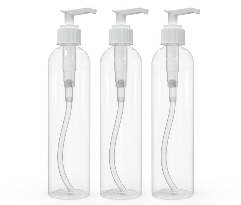 BRIGHTFROM Lotion Pump Bottles Empty 8 OZ BPAFree PET Refillable Plastic Containers Clear with White Dispenser for  Soap Shampoo Lotions Liquid Body Soap Creams and Massage Oil 3 Pack - Image 1