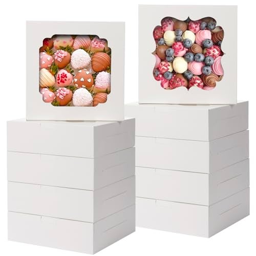 TOMNK 60pcs Cookie Boxes, 8x8x2.5 Inches Bakery Boxes with 2 Style Windows for Chocolate Strawberries, Pie, Pastry, Dessert, Cake - Image 1