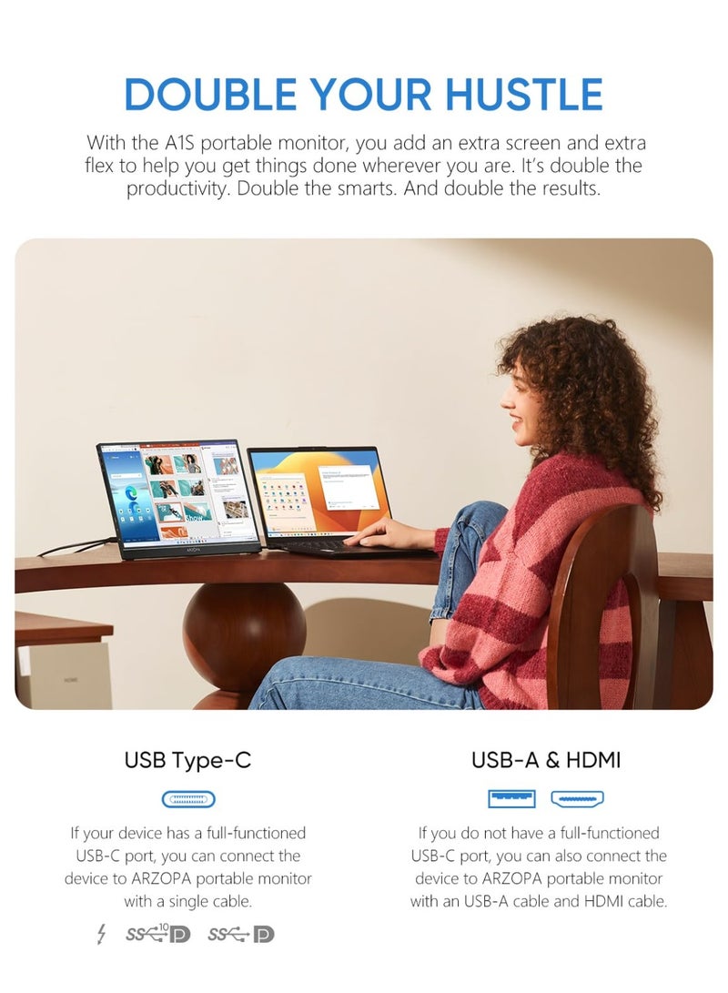 ARZOPA 14 Inch Ultra-Thin Portable Monitor A1S, FHD 1080P Ultra Slim Laptop Screen with Kickstand, Dual Speakers, External Display for Laptop, PC, MacBook, Phone, Xbox, PS4/PS5, Nintendo Switch - Image 5