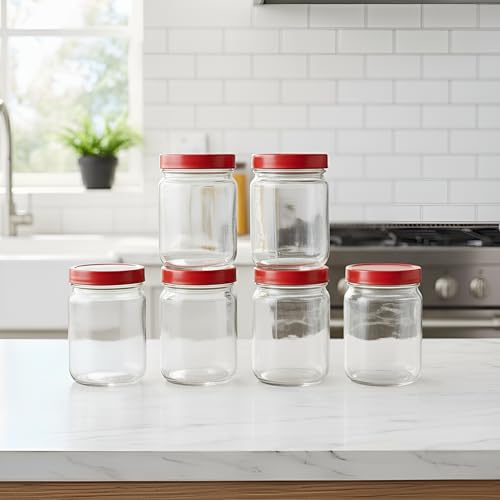 Vency Piramal Glass Round Shape Clear Jars and Containers for Kitchen Pantry, Snacks, Masala, Pickles, Dry Fruits, and Coffee Beans Storage with Red Color Plastic Lid (Aahar Jar) (500ml, Set Of 6) - Image 1