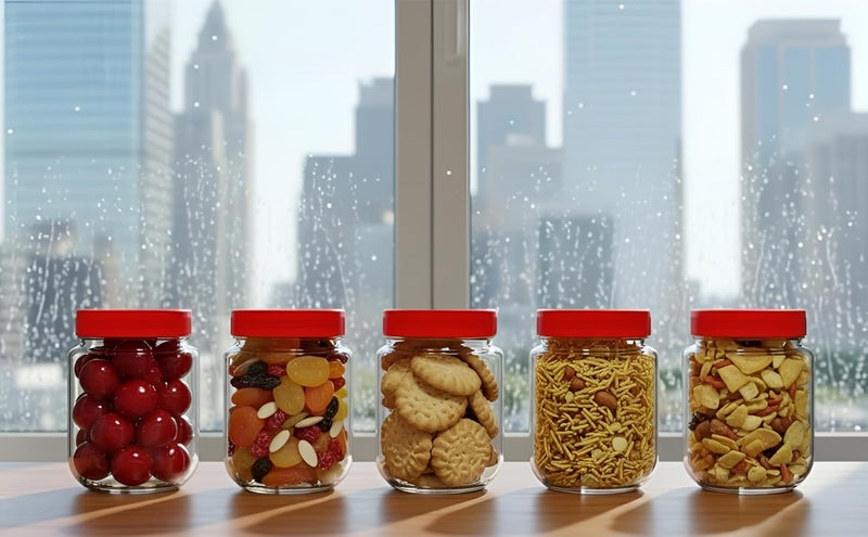 Vency Piramal Glass Round Shape Clear Jars and Containers for Kitchen Pantry, Snacks, Masala, Pickles, Dry Fruits, and Coffee Beans Storage with Red Color Plastic Lid (Aahar Jar) (500ml, Set Of 6) - Image 3