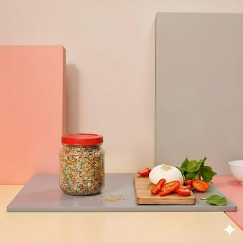 Vency Piramal Glass Round Shape Clear Jars and Containers for Kitchen Pantry, Snacks, Masala, Pickles, Dry Fruits, and Coffee Beans Storage with Red Color Plastic Lid (Aahar Jar) (500ml, Set Of 6) - Image 5