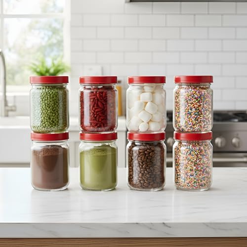 Vency Piramal Glass Round Shape Clear Jars and Containers for Kitchen Pantry, Snacks, Masala, Pickles, Dry Fruits, and Coffee Beans Storage with Red Color Plastic Lid (Aahar Jar) (500ml, Set Of 6) - Image 4