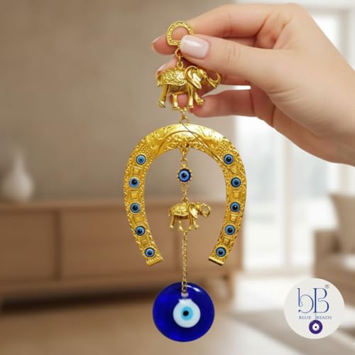 BLUE BEADS Turkish Feng Shui Vastu Blue Glass Evil Eye Hanging/Door Hanging Nazar Batu for Protection and Good Luck - Perfect for Gifting Home or Office (GHODE NI NAL - Gold) - Image 5
