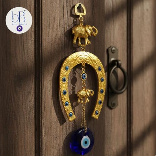 BLUE BEADS Turkish Feng Shui Vastu Blue Glass Evil Eye Hanging/Door Hanging Nazar Batu for Protection and Good Luck - Perfect for Gifting Home or Office (GHODE NI NAL - Gold) - Image 2