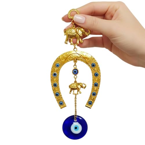 BLUE BEADS Turkish Feng Shui Vastu Blue Glass Evil Eye Hanging/Door Hanging Nazar Batu for Protection and Good Luck - Perfect for Gifting Home or Office (GHODE NI NAL - Gold) - Image 1