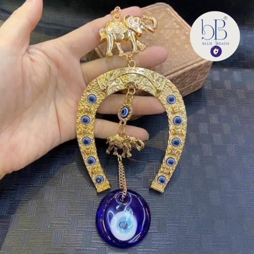 BLUE BEADS Turkish Feng Shui Vastu Blue Glass Evil Eye Hanging/Door Hanging Nazar Batu for Protection and Good Luck - Perfect for Gifting Home or Office (GHODE NI NAL - Gold) - Image 3