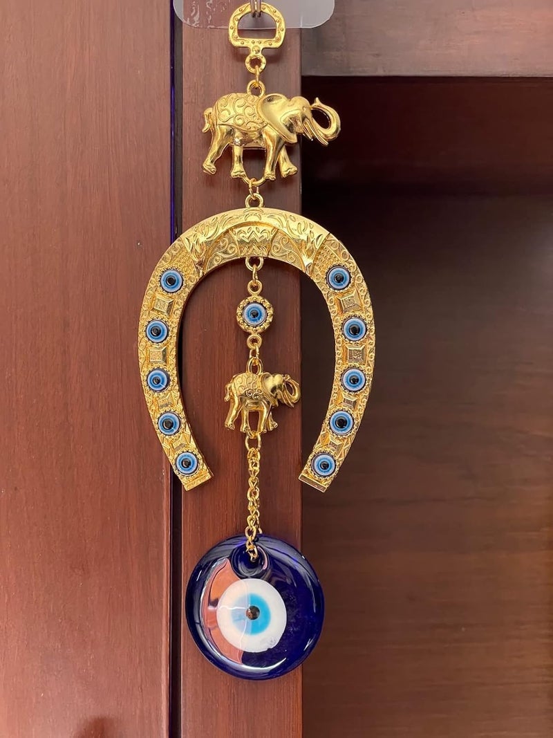 BLUE BEADS Turkish Feng Shui Vastu Blue Glass Evil Eye Hanging/Door Hanging Nazar Batu for Protection and Good Luck - Perfect for Gifting Home or Office (GHODE NI NAL - Gold) - Image 4
