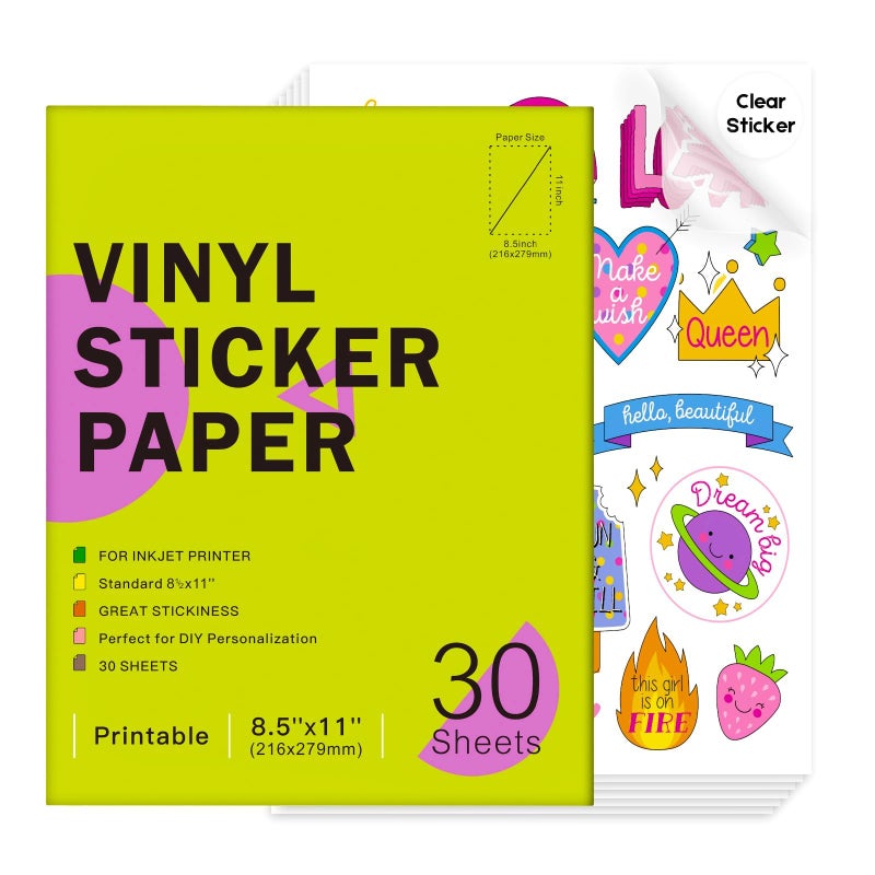Ruibytree 30 Sheets Printable Clear Vinyl Sticker Paper for Inkjet Printers, Transparent Paper of 8.5x11"DIY Personalized Self-adhesive Paper That Is Tear Resistant, Waterproof Labels, Easy to Cut - Image 1