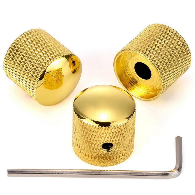 3PCS Metal Volume Tone Dome Guitar Speed Control Knurled Shaft Pots Knobs with Keys Screws Set for Electric Guitar or Bass Gold