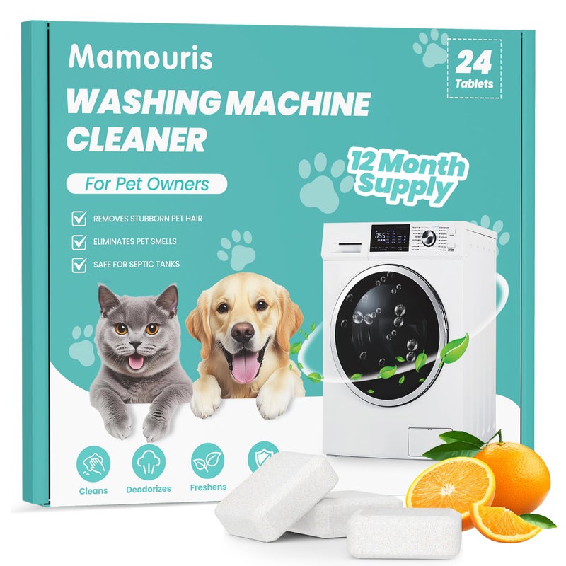 Mamouris Washing Machine Cleaner Tablets: 24 Pack Deep Cleaning For HE, Front Loader & Top Load Washer, Removes Pet Hair, Odors, Designed for Pet Owners, Septic Safe, 12 Month Supply, Orange 11G - Image 1