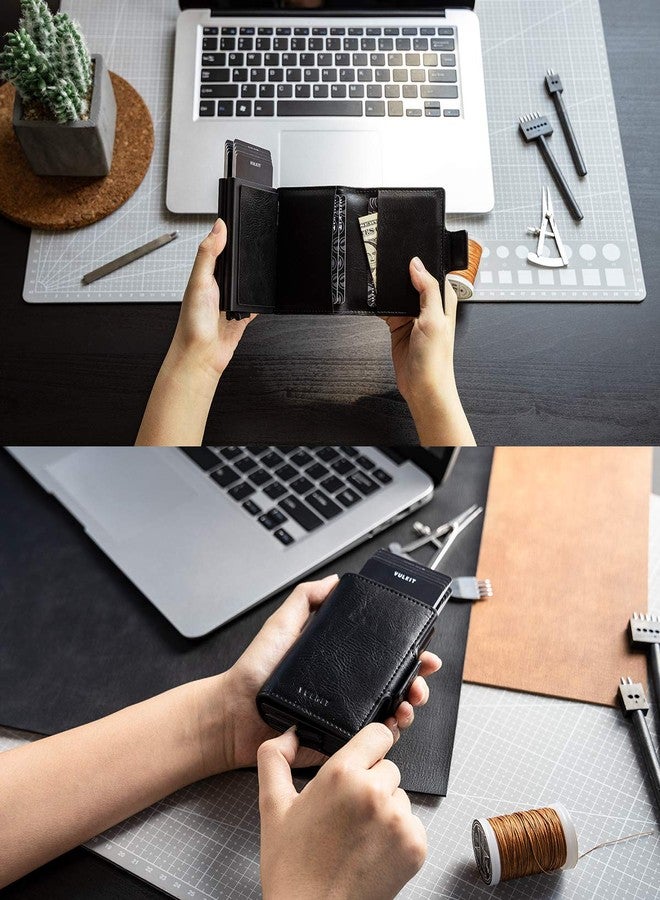 VULKIT Credit Card Holder RFID Blocking Leather Automatic Pop Up Wallet Magnetic Wallet Double Card Case for Men and Women Black - Image 4