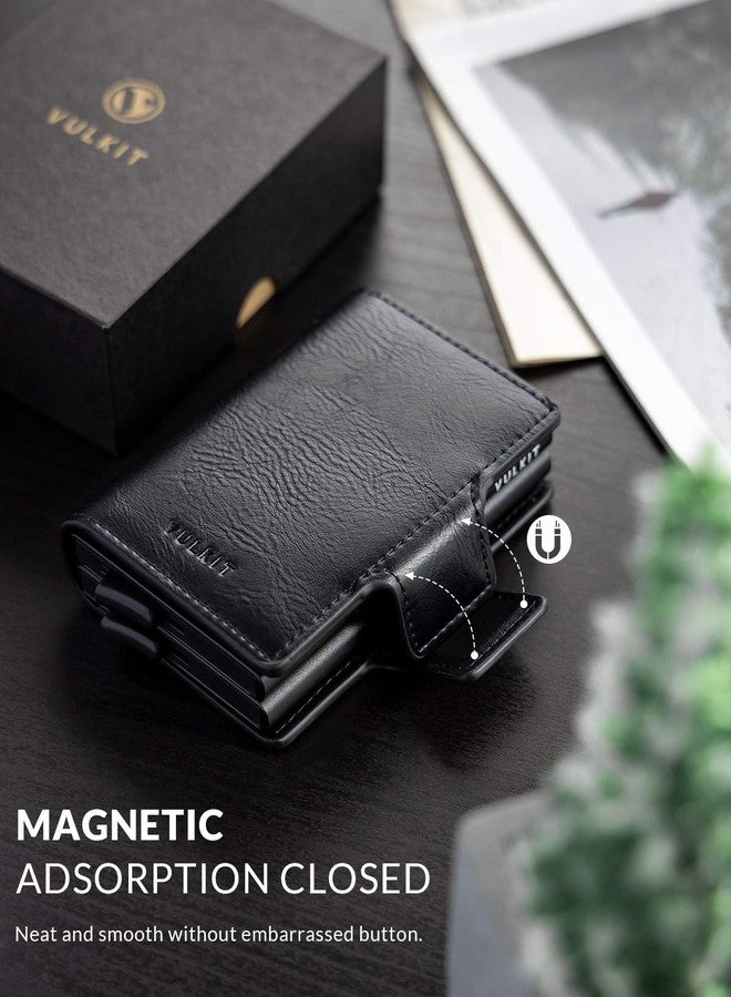 VULKIT Credit Card Holder RFID Blocking Leather Automatic Pop Up Wallet Magnetic Wallet Double Card Case for Men and Women Black - Image 5