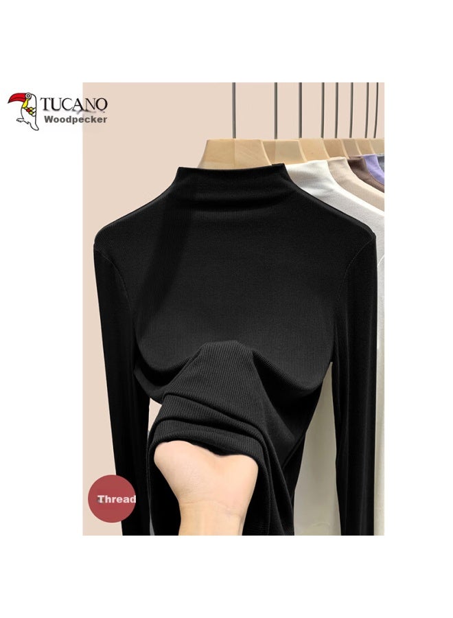 WOODPECKER Wood Women's Half Turtleneck Long Sleeve T-shirt Autumn New Slim Fit Thin Knit Base Shirt Top Dark Gray S - Image 1