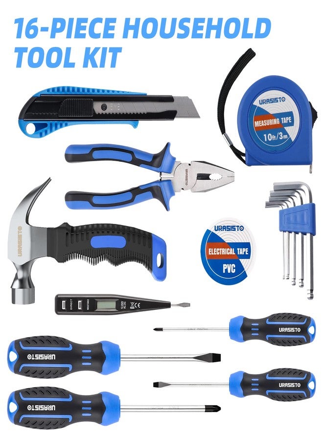 URASISTO 16-Piece Household Tool Set Basic Hand Tool Kit with Claw Hammer,Lineman's Pliers, Perfect for DIY, Home Maintenance - Image 2