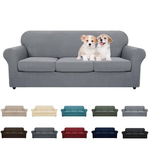 MAXIJIN 4 Piece Couch Covers for 3 Cushion Couch Super Stretch Non Slip Couch Cover for Dogs Pet Friendly Elastic Jacquard Furniture Protector Sofa Slipcovers Sofa Light Gray