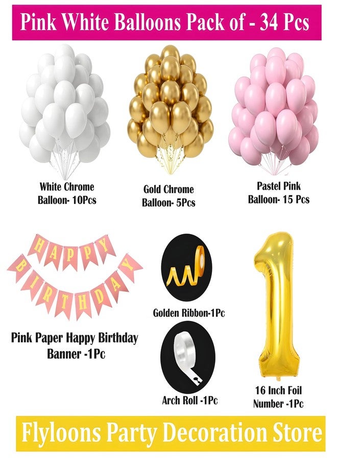 Flyloons 1st Birthday Decoration Items Pink and White Theme Combination for Girls Princes | 30 Pcs Pink White Gold Balloons | Pink Happy Birthday Paper Banner | Arch Tape - Image 2