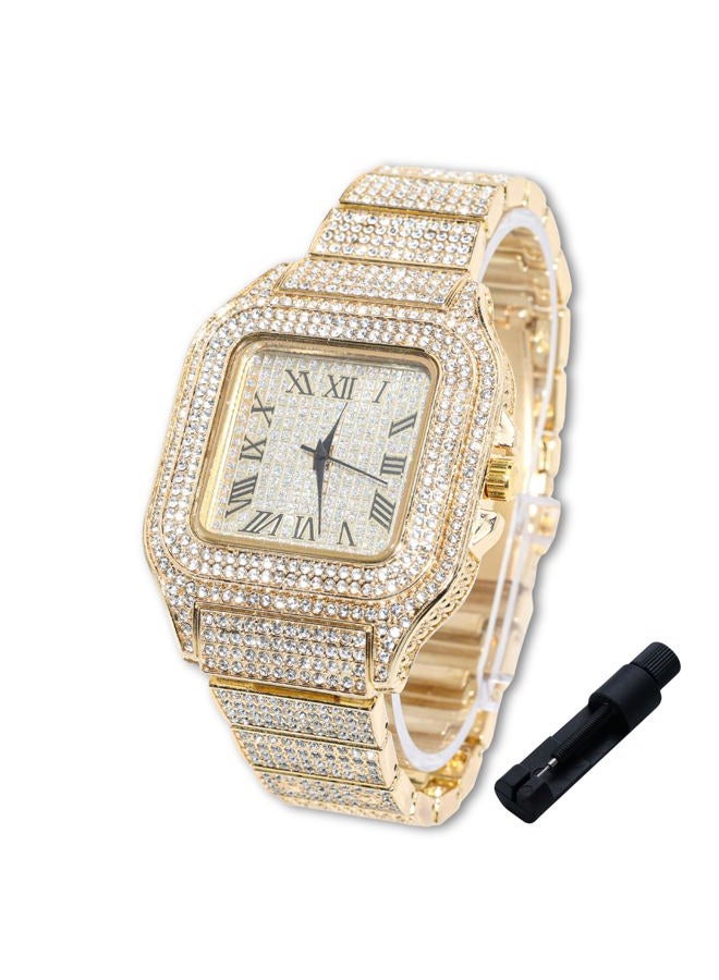 Halukakah Diamonds Gold Watch Iced Out for Boy Teens Kids - 18K Real Gold/Platinum Plated,40mm Square Dial,Japanese Quartz - 8" Length Adjustable Wristband,with Adjuster Tool - for Birthday,Parties, - Image 1