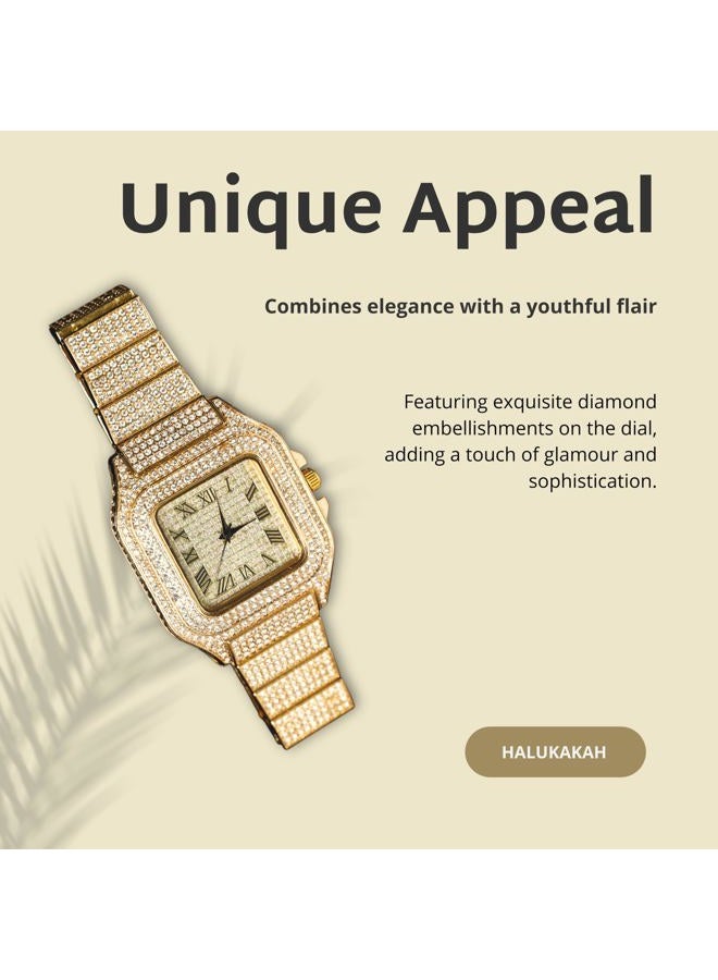 Halukakah Diamonds Gold Watch Iced Out for Boy Teens Kids - 18K Real Gold/Platinum Plated,40mm Square Dial,Japanese Quartz - 8" Length Adjustable Wristband,with Adjuster Tool - for Birthday,Parties, - Image 5