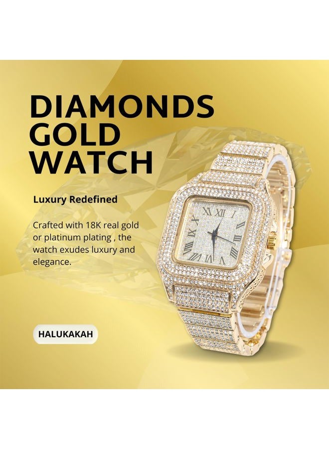Halukakah Diamonds Gold Watch Iced Out for Boy Teens Kids - 18K Real Gold/Platinum Plated,40mm Square Dial,Japanese Quartz - 8" Length Adjustable Wristband,with Adjuster Tool - for Birthday,Parties, - Image 2