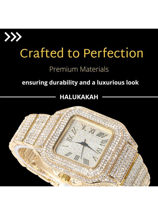 Halukakah Diamonds Gold Watch Iced Out for Boy Teens Kids - 18K Real Gold/Platinum Plated,40mm Square Dial,Japanese Quartz - 8" Length Adjustable Wristband,with Adjuster Tool - for Birthday,Parties, - Image 4