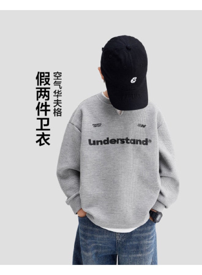 Zuoxi Boys' Waffle-knit Hoodie With False Two-piece Design - 2025 New Stylish Autumn & Spring Top For Kids & Older Children - Image 1