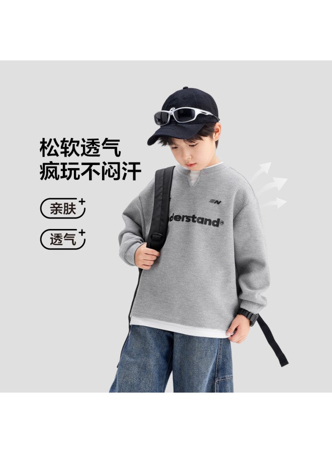 Zuoxi Boys' Waffle-knit Hoodie With False Two-piece Design - 2025 New Stylish Autumn & Spring Top For Kids & Older Children - Image 3