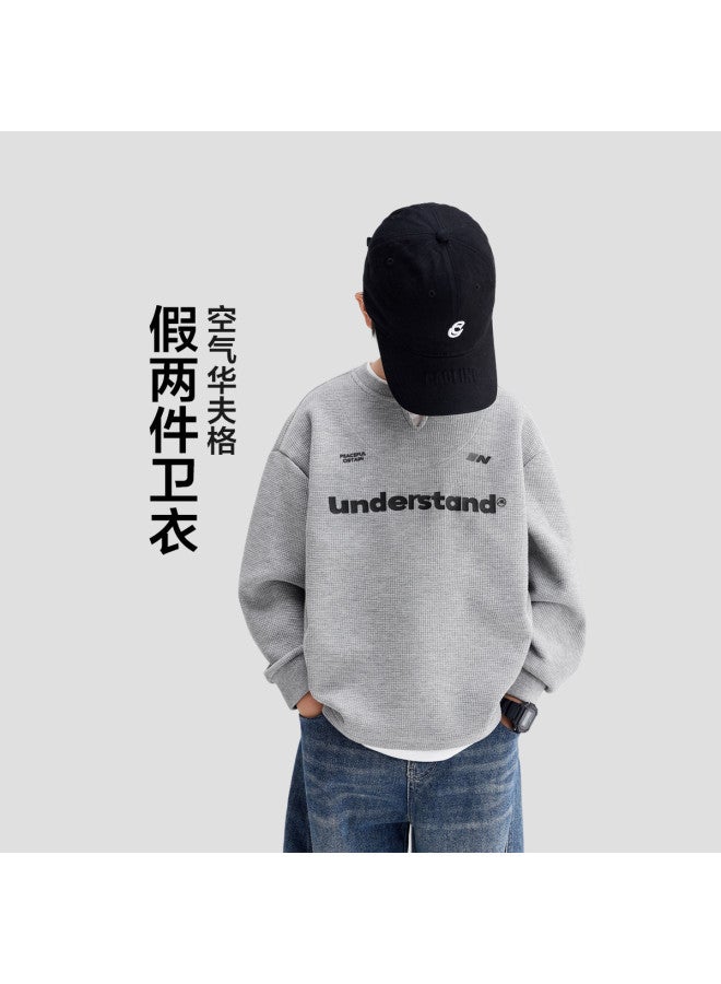 Zuoxi Boys' Waffle-knit Hoodie With False Two-piece Design - 2025 New Stylish Autumn & Spring Top For Kids & Older Children - Image 2