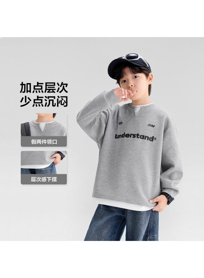 Zuoxi Boys' Waffle-knit Hoodie With False Two-piece Design - 2025 New Stylish Autumn & Spring Top For Kids & Older Children - Image 4