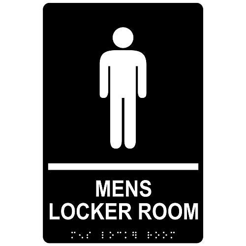 ComplianceSigns.com Mens Locker Room Sign, ADA-Compliant Braille and Raised Letters, 9x6 inch White on Black Acrylic with Adhesive Mounting Strips, American Made Safety Signs for the Workplace - Image 1