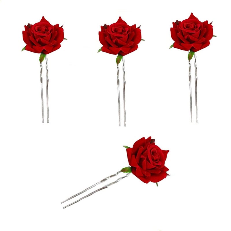 Rose Flower Hair Clips 4PCS Small Red Rose Hair Clip Bridal Hair Pins Flower for Women Wedding Halloween PartyRed