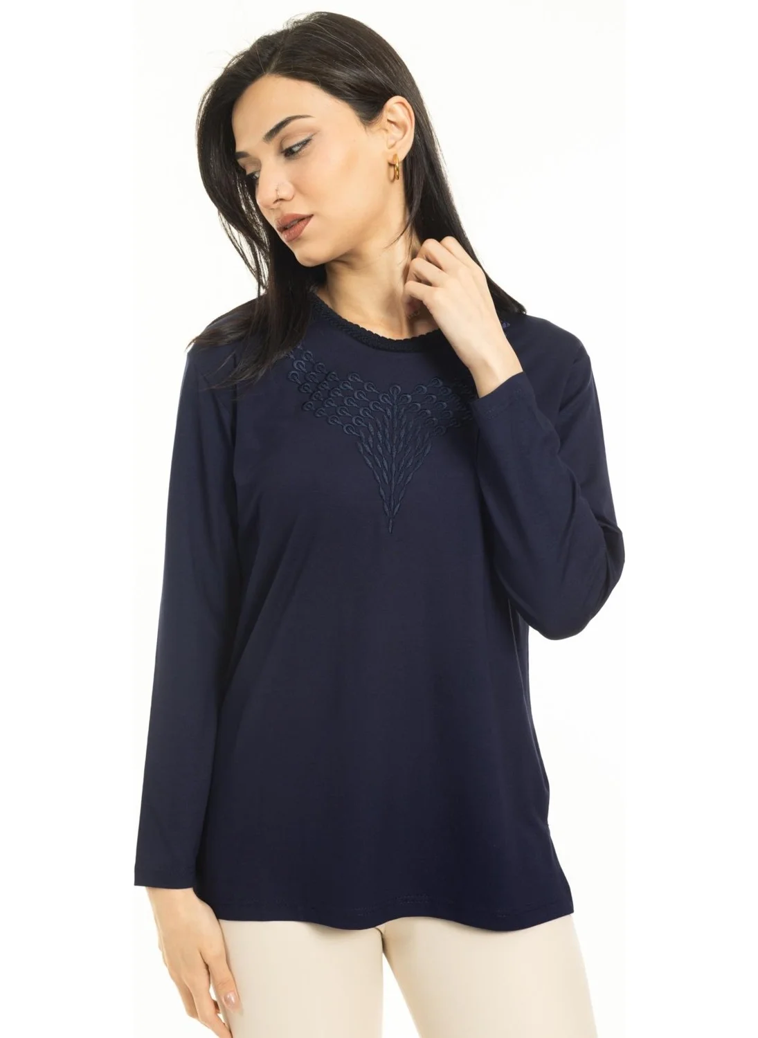 Mutlu City New Season Women Middle Age and Above New Pattern Round Neck Lycra Mother Combed Cotton Blouse 30530