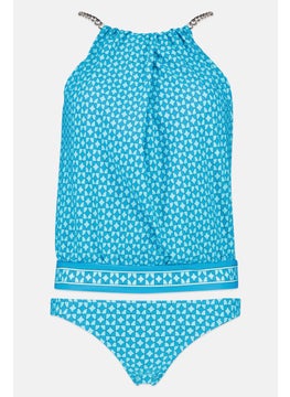 Michael Kors Women 2 Pcs Padded Allover Printed Bikini Top And Bottom Set, Blue  - Image 1