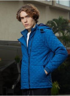 Campus Sutra Men's Admiral Blue Tactile Shepard Check Puffer Jacket  - Image 3