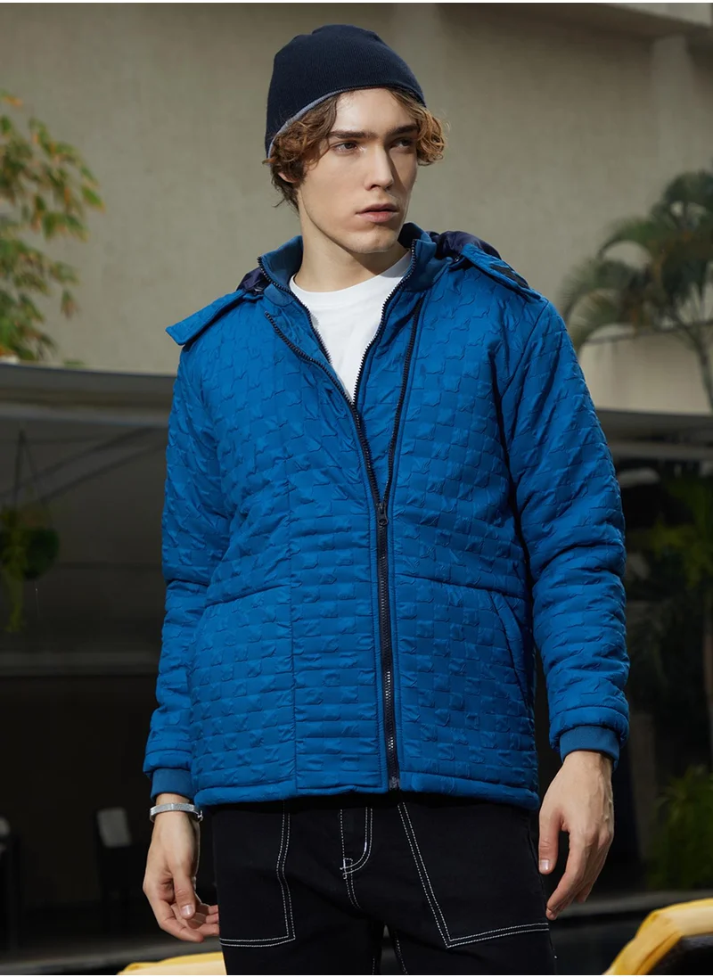 Campus Sutra Men's Admiral Blue Tactile Shepard Check Puffer Jacket