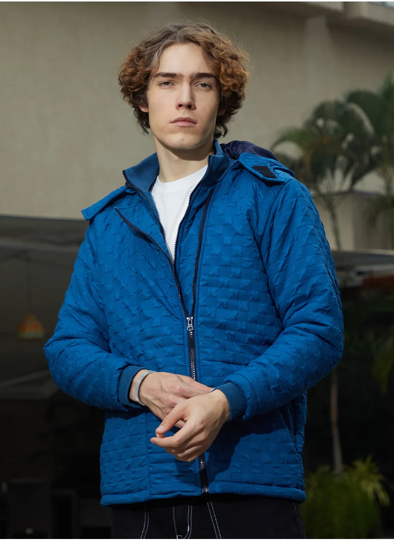 Campus Sutra Men's Admiral Blue Tactile Shepard Check Puffer Jacket