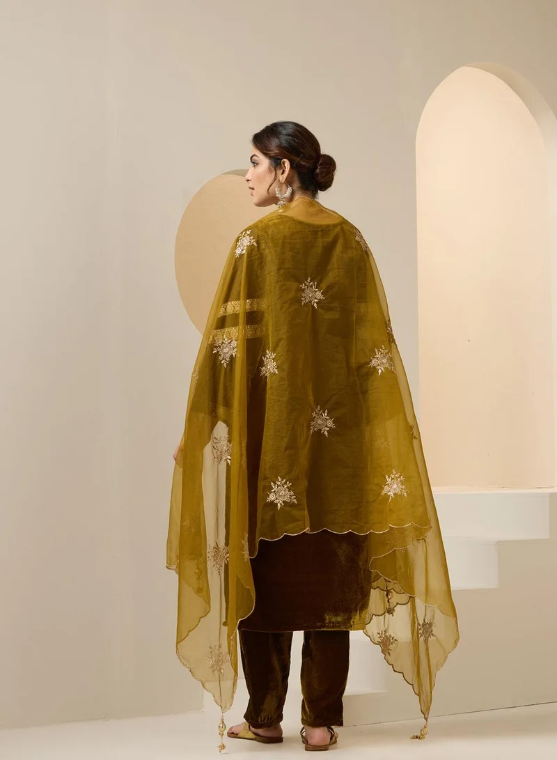 ISHIN Women's Beige Velvet Embroidered Tunic Full Length Casual Straight Fit Kurta Set