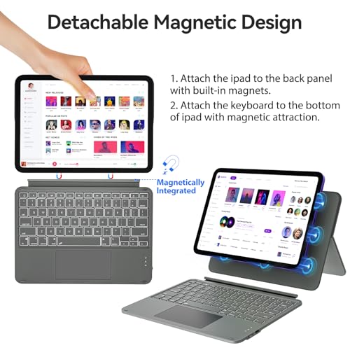 AUSDOM Touch iPad 10th Generation Case with Keyboard (10.9", 2022) & iPad 11th (A16, 2025): Magnetic Split Stand Case, Multi-Touch Trackpad, Rechargeable Wireless Keyboard Folio with Backlit Keys, Gray - Image 3