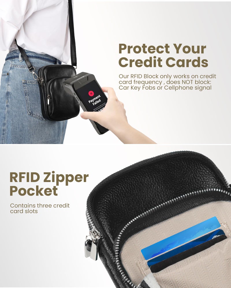 befen Small Black Genuine Leather Cross Body Bags for Women, Women's Adjustable Shoulder Strap Crossbody Purse Bag with Cell Phone Pocket and RFID Card Slots - Image 3