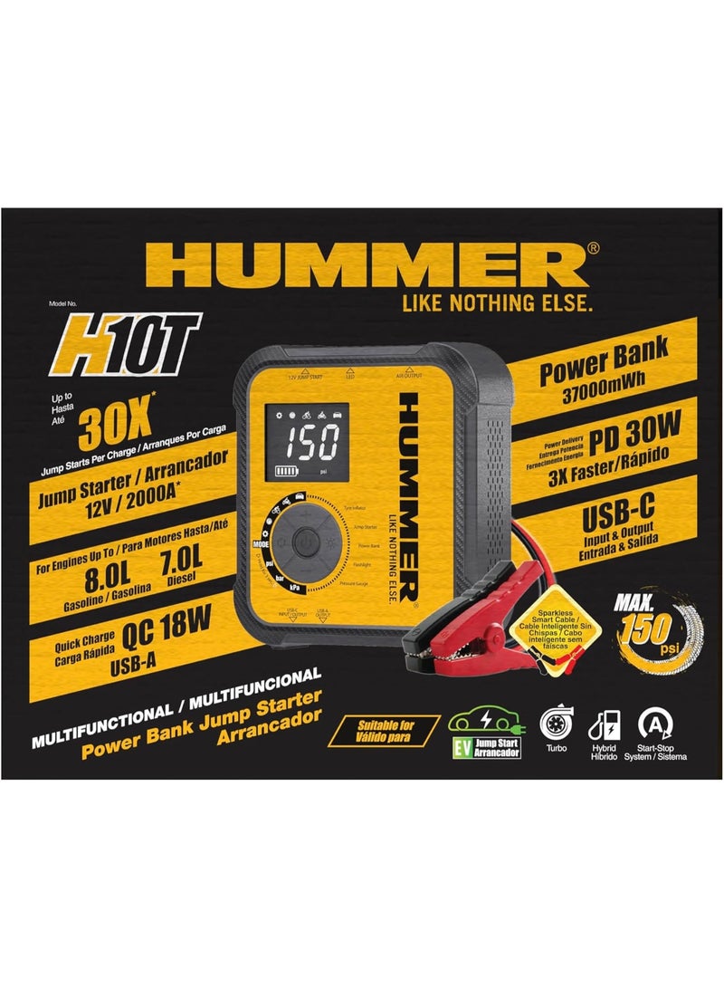 Hummer H10T Multifunctional 10000mAh Starter with 150 PSI Compressor, 2000A Jump Starter for 8.0L Petrol and 7.0L Diesel Engines, Cordless Inflator, USB-C PD 30W and USB-A QC 18W Power Bank - Image 5