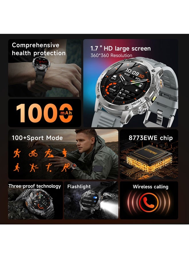 RollsTimi  Men's Smart Watch, IP67 Deep Waterproof, Bluetooth call, Large Memory, 100+ Sports Modes, 1.7-inch High-definition Large Screen, Heart Rate Monitoring (AK87 Black Tape) - Image 2