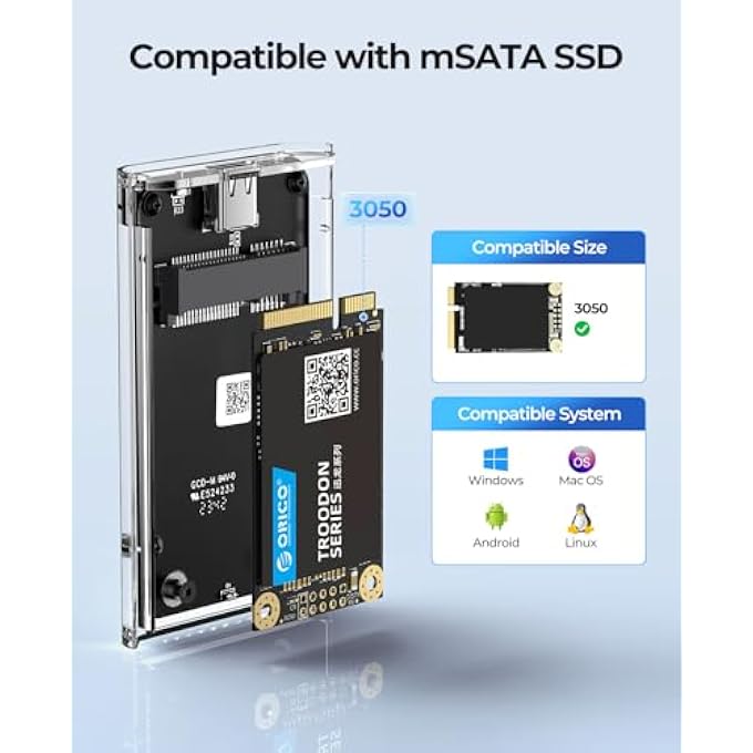 rayihni حاوية SSD MSATA 5 جيجابت/ثانية USB 3.0، محول MSATA 3050 خارجي شفاف بدون أدوات مع كابل USB C إلى C، سعة قصوى 2 تيرابايت - Image 2