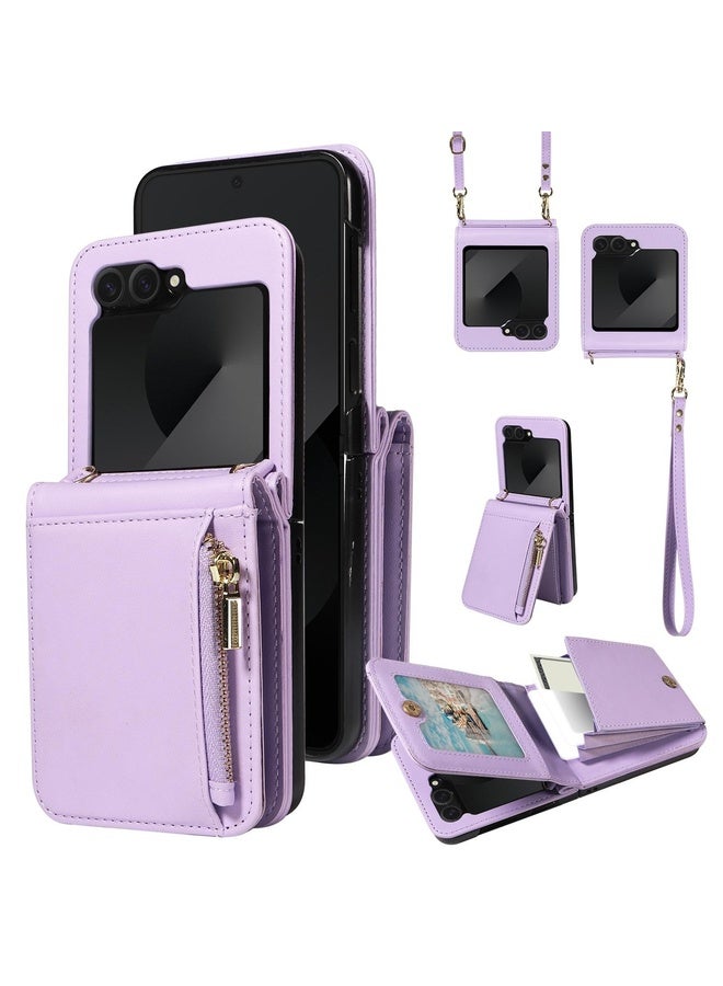 HuHa Case Cover For Samsung Galaxy Z Flip6 / Flip7 FE Crossbody Lanyard Zipper Wallet Leather Phone Case(Purple) - Image 1