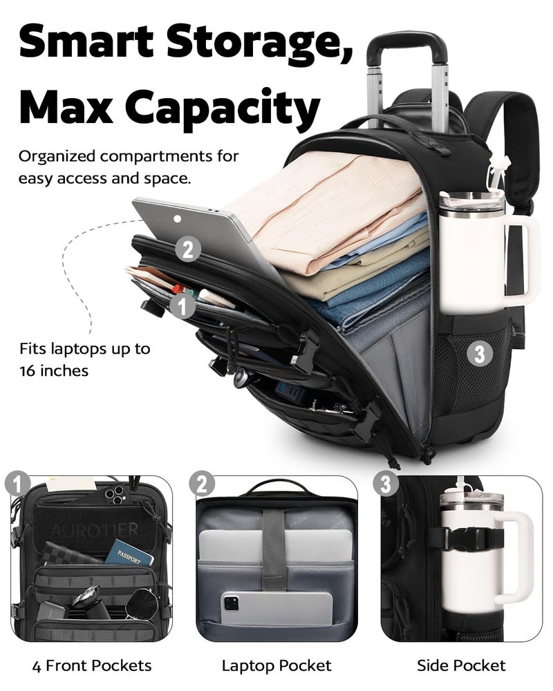 AUROTIER Rolling Tactical Laptop Backpack, Underseat Travel Backpack with Wheels, 16 Inch Wheeled Military Computer Backpack for Men and Women, Roller Overnight Molle Outdoor Hiking College Carry on Luggage - Image 2