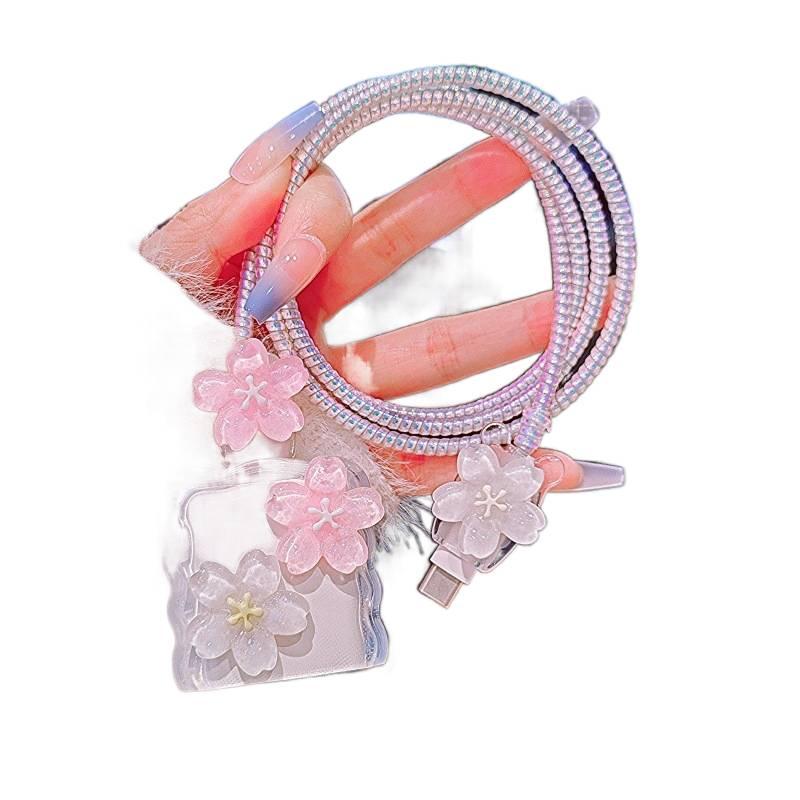 20W Charger Head and Cable End Protector Set with Cute Style in White with Decorative Design Anti Bend Protection and Daily Cable Care - Lilac Ribbon - Image 2