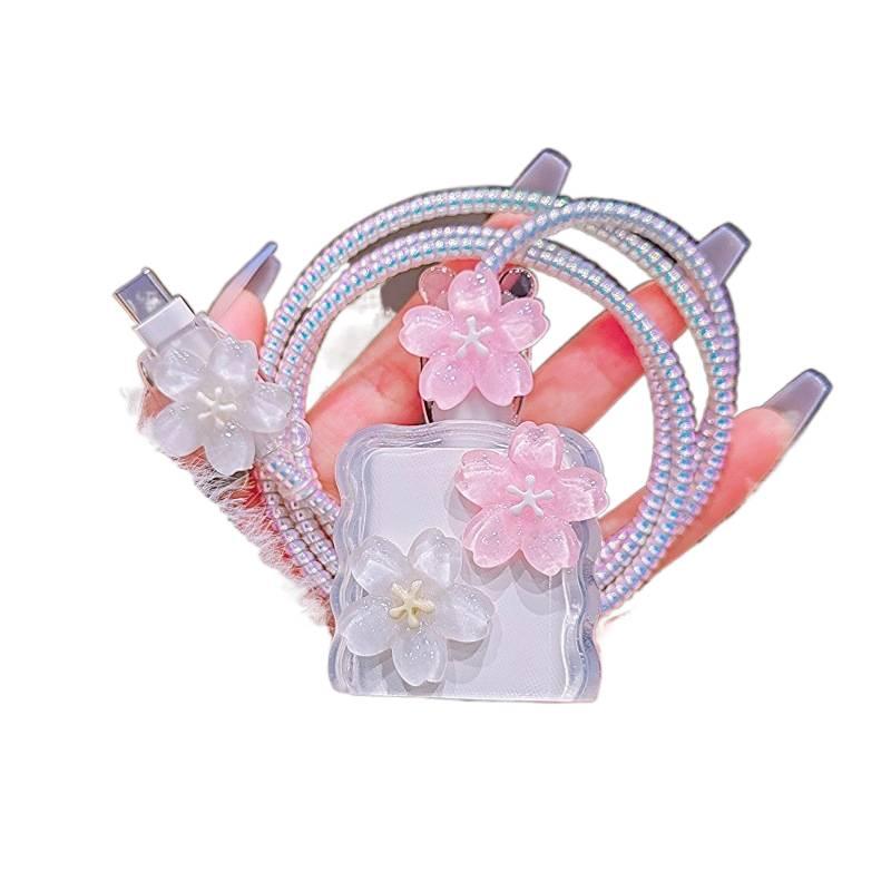 20W Charger Head and Cable End Protector Set with Cute Style in White with Decorative Design Anti Bend Protection and Daily Cable Care - Lilac Ribbon - Image 3